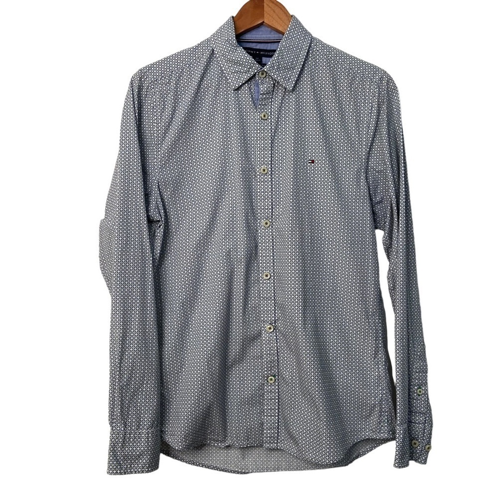 Tommy Hilfiger button down shirt New York fit blue white green 100% cotton Small